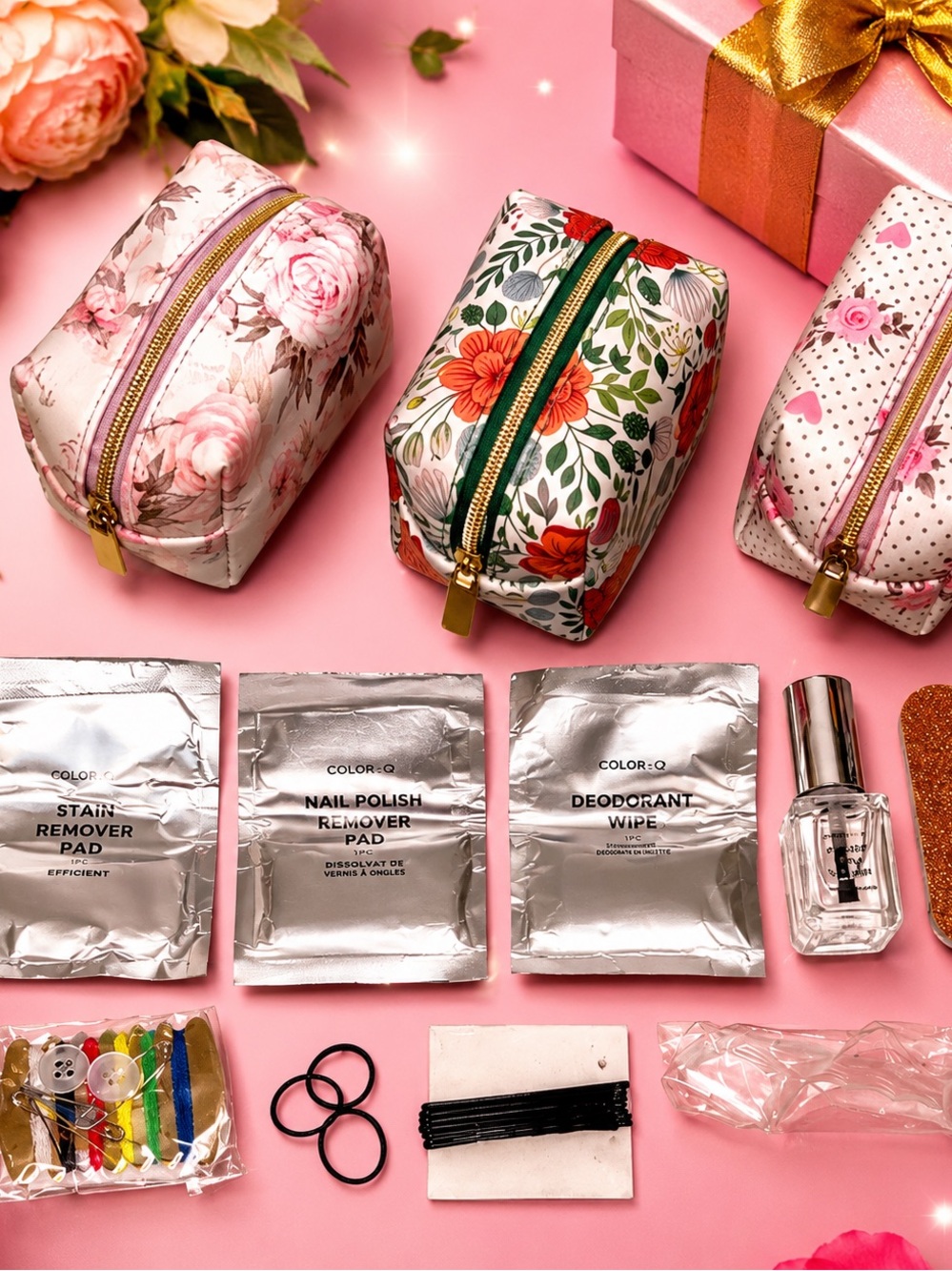 NEW - 3 Sets of Floral Cosmetic Bags Set - Each with 19PC On-The-Go Accessories